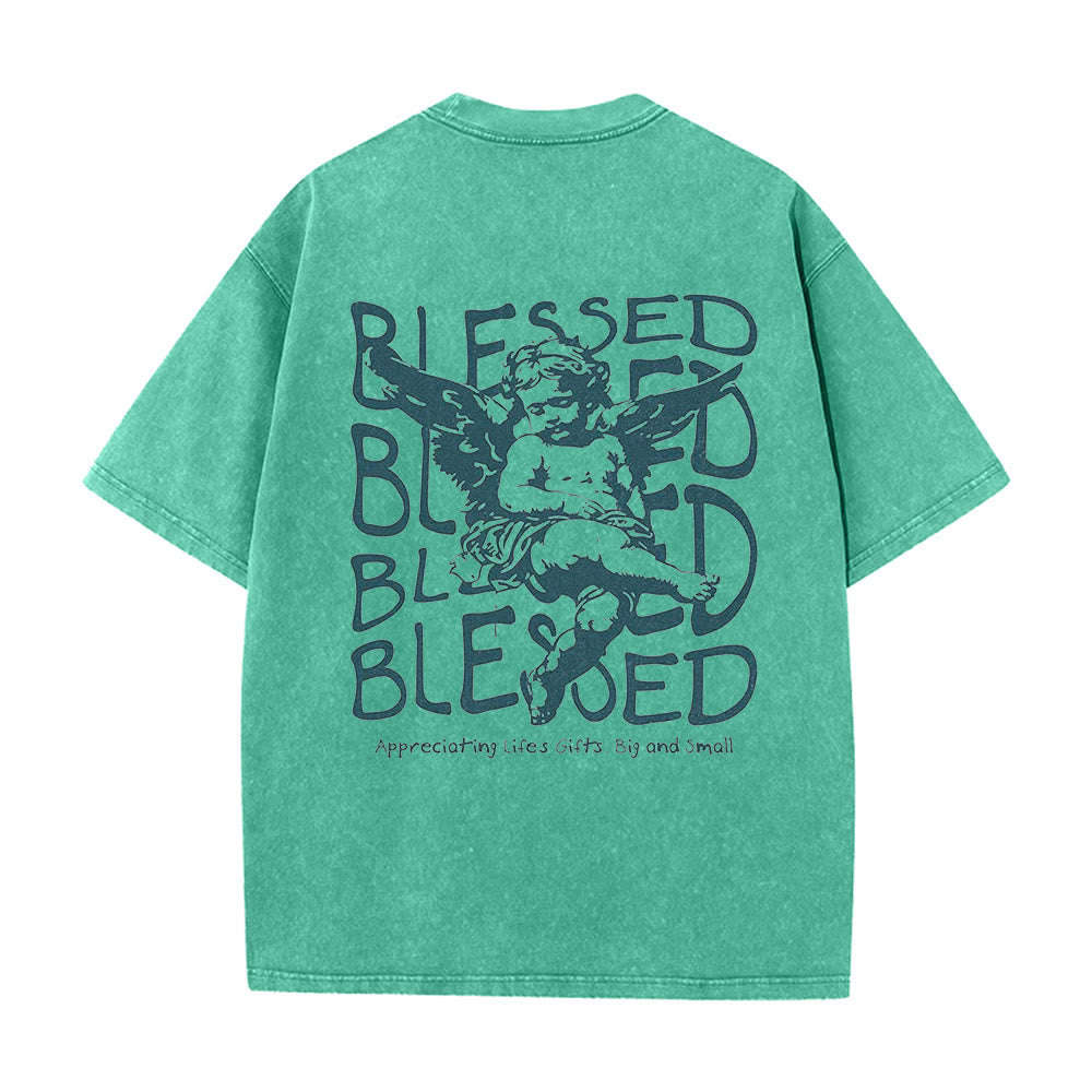 Christianartworkshop Inspired Blessed T-Shirt with Cherub Design Unisex Washed T-Shirt - image 6