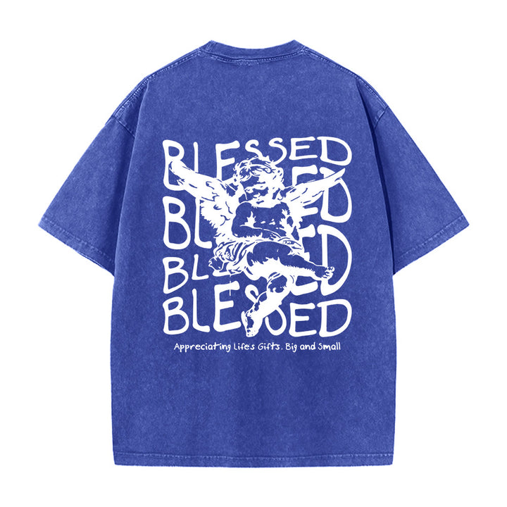 Christianartworkshop Inspired Blessed T-Shirt with Cherub Design Unisex Washed T-Shirt - Blue - 5XL - image 17