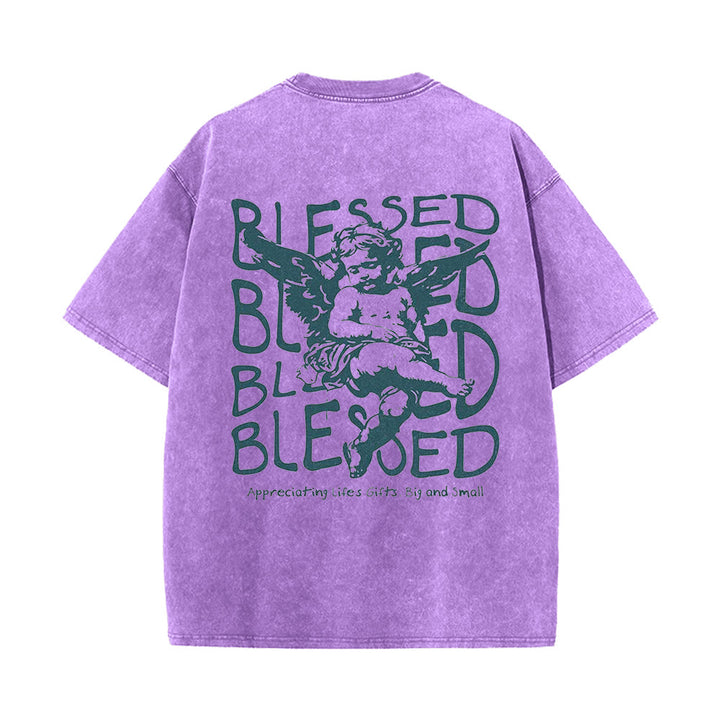 Christianartworkshop Inspired Blessed T-Shirt with Cherub Design Unisex Washed T-Shirt - Purple - 5XL - image 15