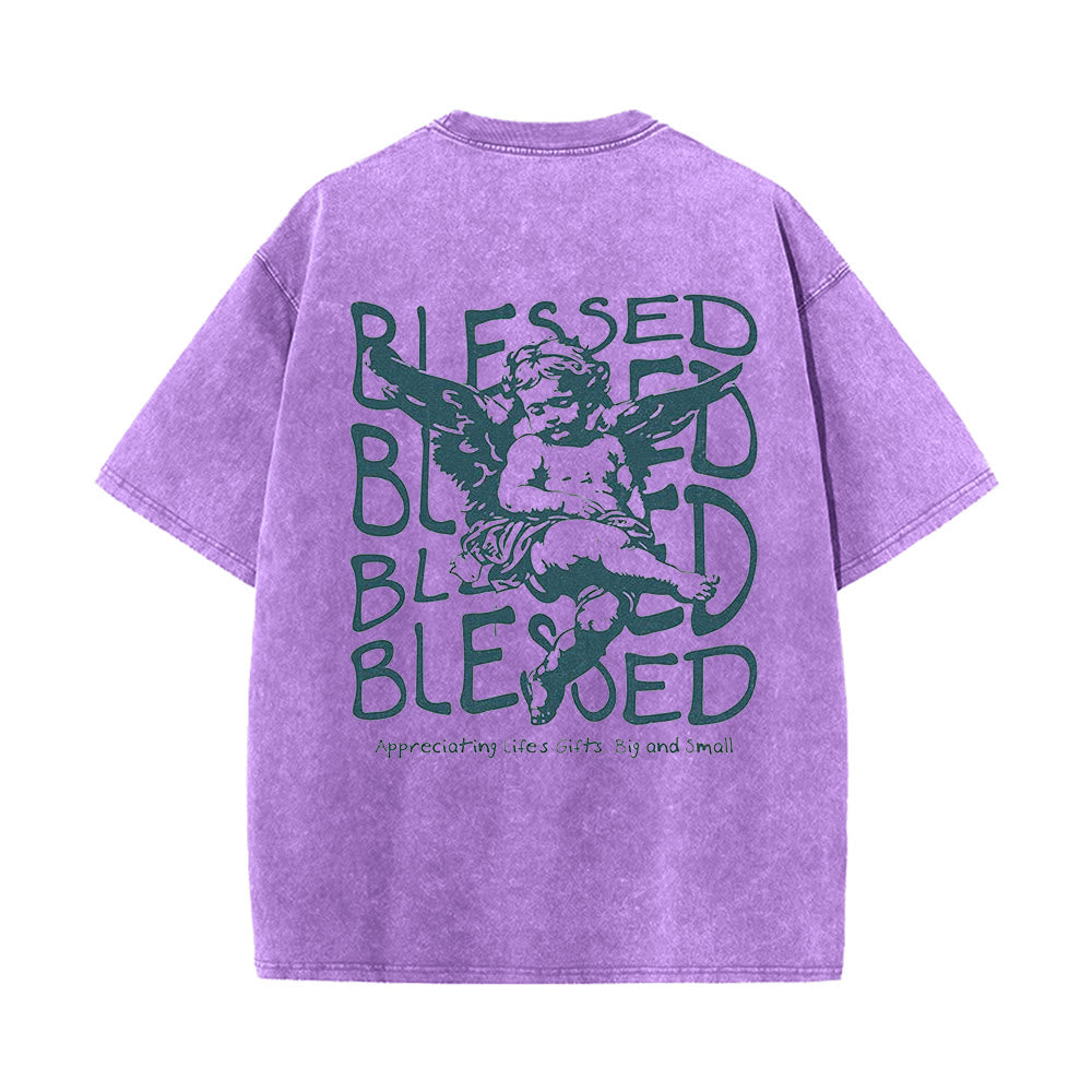Christianartworkshop Inspired Blessed T-Shirt with Cherub Design Unisex Washed T-Shirt - image 21