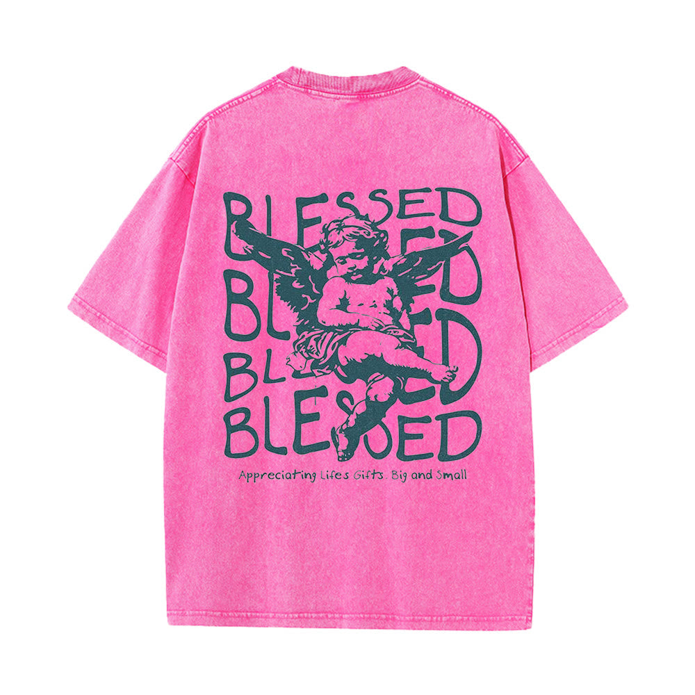 Christianartworkshop Inspired Blessed T-Shirt with Cherub Design Unisex Washed T-Shirt - Pink - 5XL - image 13