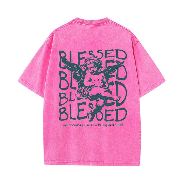 Christianartworkshop Inspired Blessed T-Shirt with Cherub Design Unisex Washed T-Shirt - Pink - 5XL - image 13