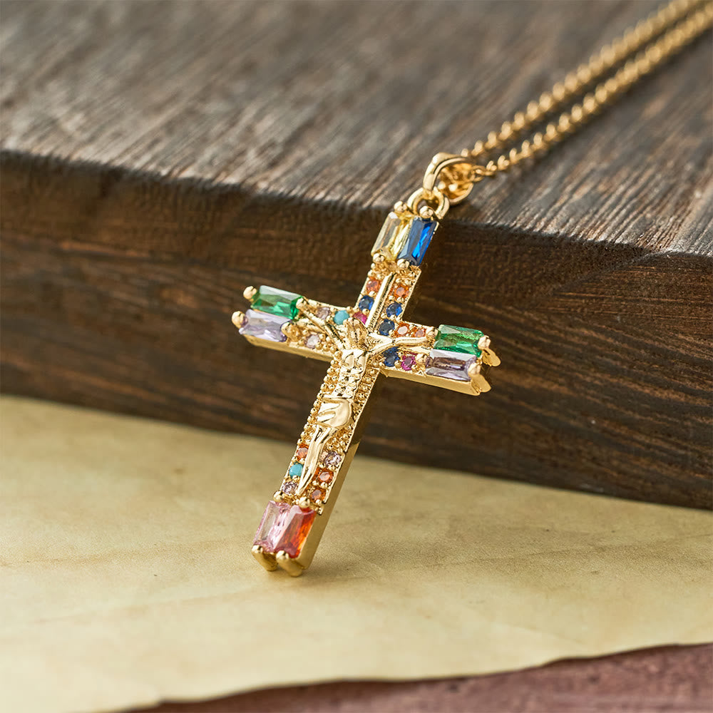 Christianartworkshop Retro Bohemian Style Colored Zirconia Cross Titanium Steel Necklace - Colorful - image 0
