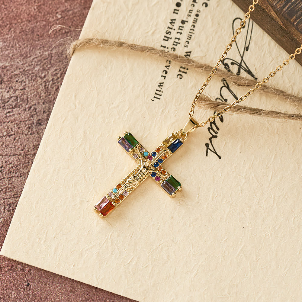 Christianartworkshop Retro Bohemian Style Colored Zirconia Cross Titanium Steel Necklace - image 3