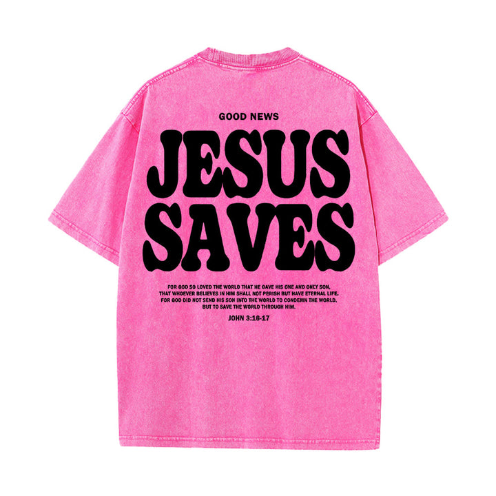 Christianartworkshop Jesus Saves Unisex Washed T-Shirt - Pink - 5XL - image 13