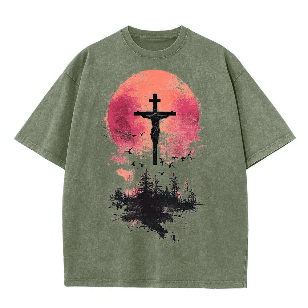 Christianartworkshop Divine Crucifix Over Nature Landscape Unisex Washed T-shirt - Army Green - 5XL - image 4