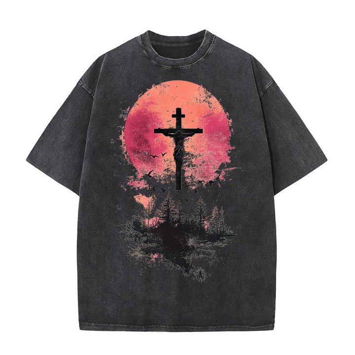 Christianartworkshop Divine Crucifix Over Nature Landscape Unisex Washed T-shirt - Black - 5XL - image 3