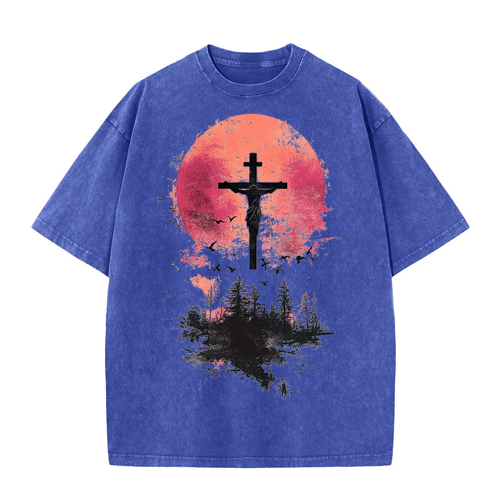 Christianartworkshop Divine Crucifix Over Nature Landscape Unisex Washed T-shirt - Blue - 5XL - image 9