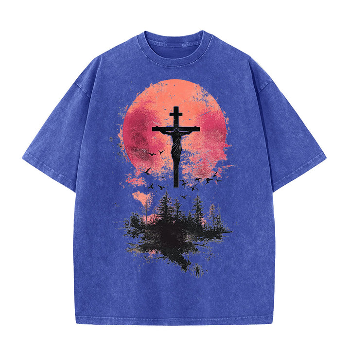 Christianartworkshop Divine Crucifix Over Nature Landscape Unisex Washed T-shirt - Blue - 5XL - image 9