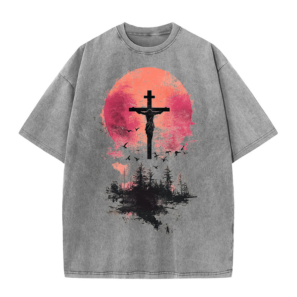 Christianartworkshop Divine Crucifix Over Nature Landscape Unisex Washed T-shirt - Grey - 5XL - image 5