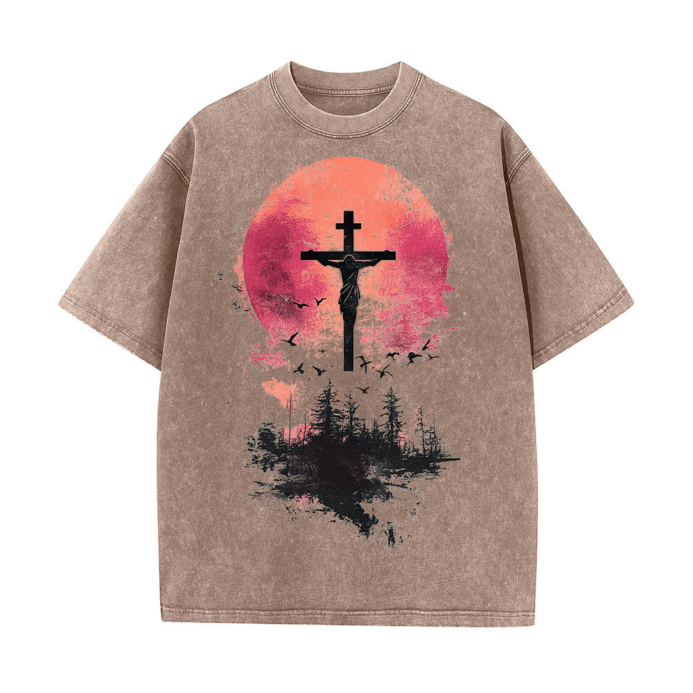 Christianartworkshop Divine Crucifix Over Nature Landscape Unisex Washed T-shirt - Coffee - 5XL - image 8