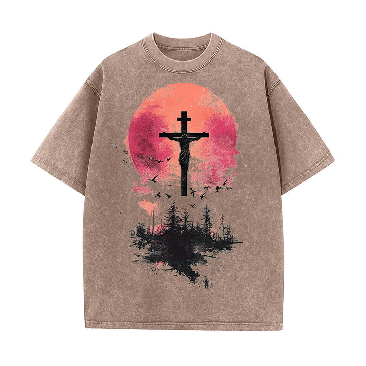 Christianartworkshop Divine Crucifix Over Nature Landscape Unisex Washed T-shirt - Coffee - 5XL - image 8