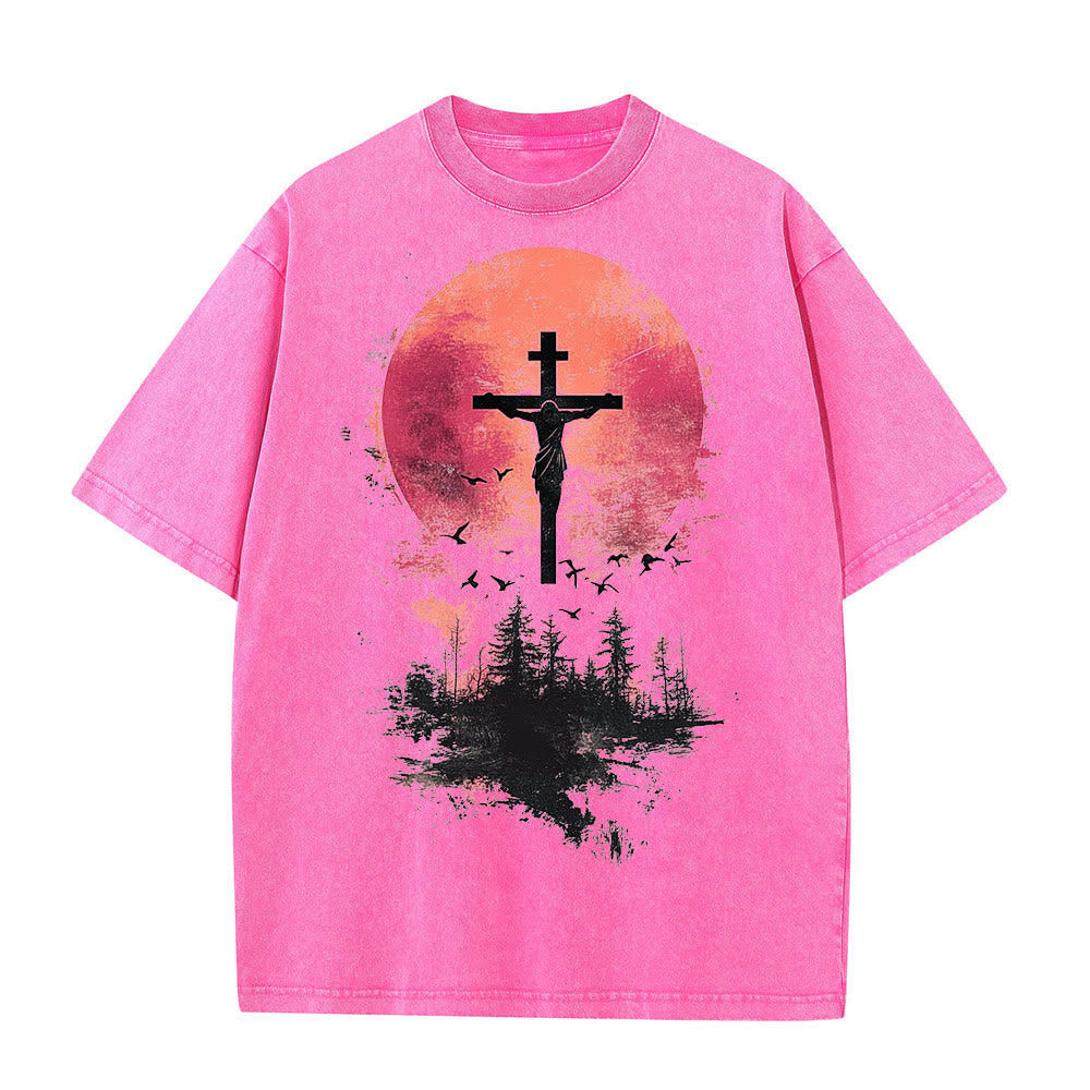 Christianartworkshop Divine Crucifix Over Nature Landscape Unisex Washed T-shirt - Pink - 5XL - image 7