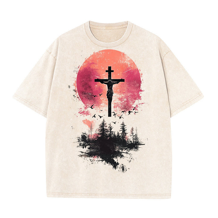 Christianartworkshop Divine Crucifix Over Nature Landscape Unisex Washed T-shirt - Apricot - 5XL - image 6