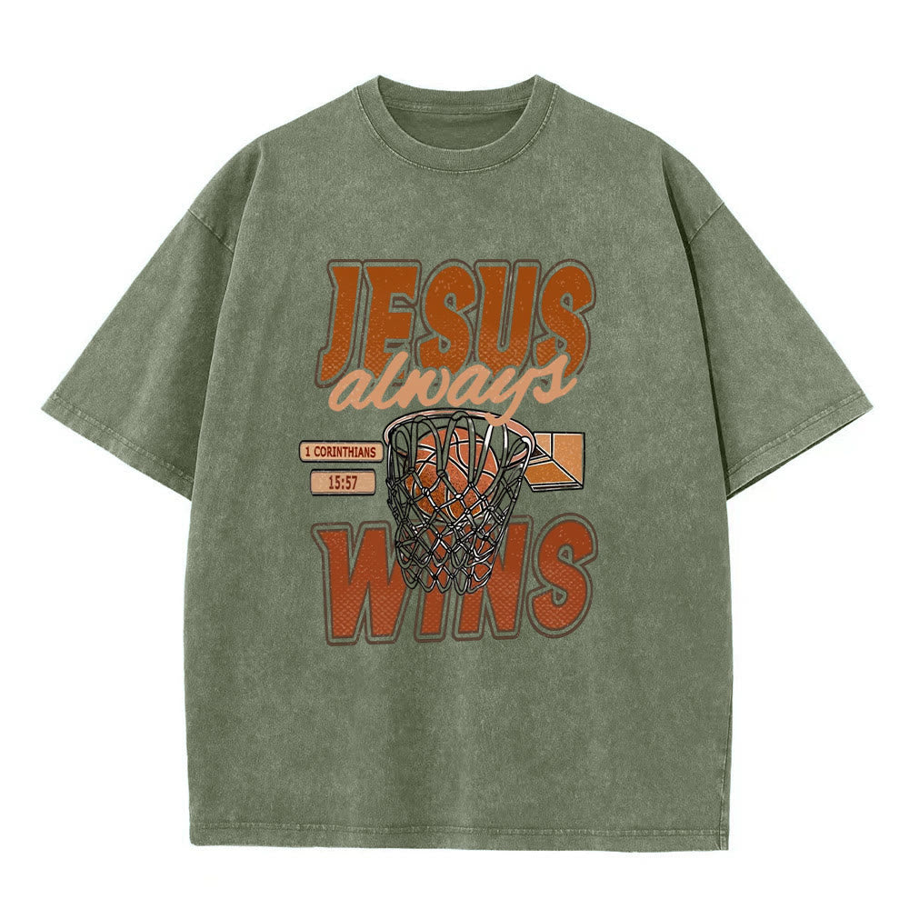Christianartworkshop Jesus Always Wins Basketball Graphic Unisex Washed T-shirt - Army Green - 5XL - image 7