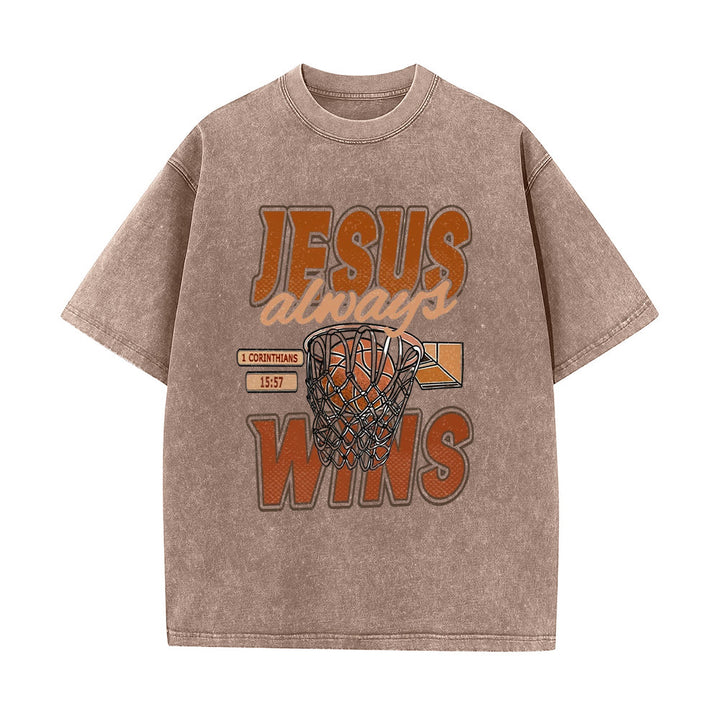 Christianartworkshop Jesus Always Wins Basketball Graphic Unisex Washed T-shirt - Coffee - 5XL - image 2