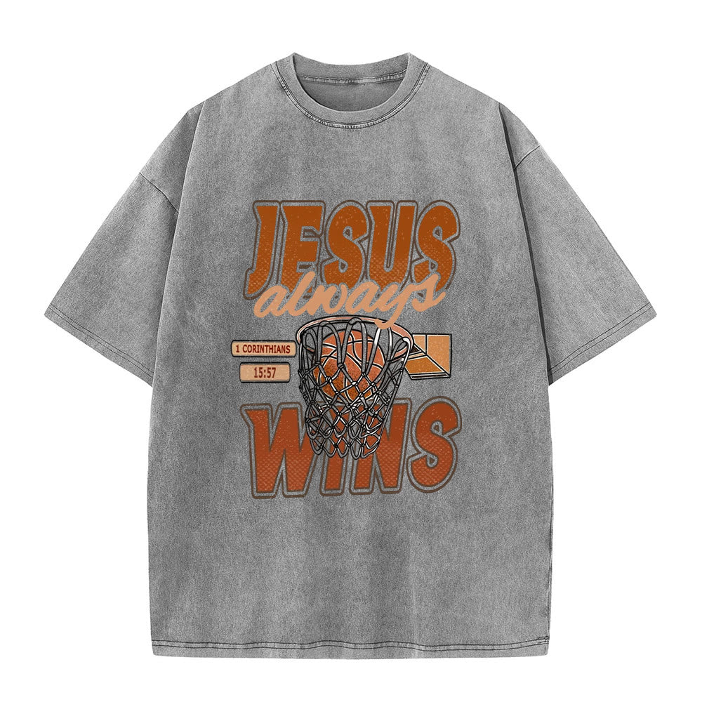 Christianartworkshop Jesus Always Wins Basketball Graphic Unisex Washed T-shirt - Grey - 5XL - image 6