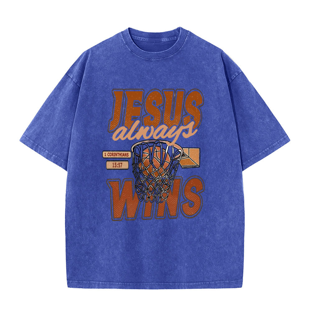 Christianartworkshop Jesus Always Wins Basketball Graphic Unisex Washed T-shirt - Blue - 5XL - image 9