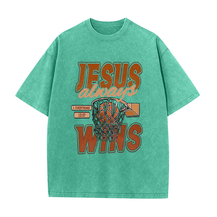 Christianartworkshop Jesus Always Wins Basketball Graphic Unisex Washed T-shirt - Green - 5XL - image 5