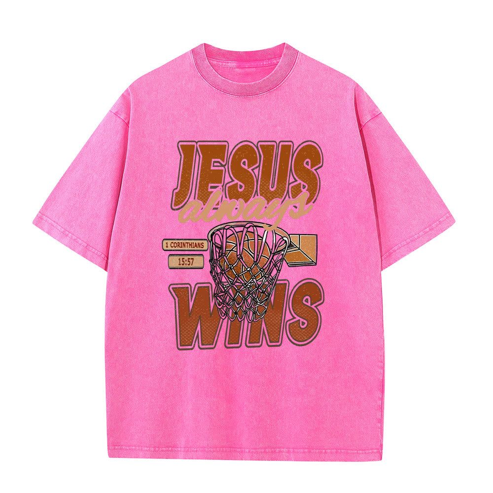 Christianartworkshop Jesus Always Wins Basketball Graphic Unisex Washed T-shirt - Pink - 5XL - image 4