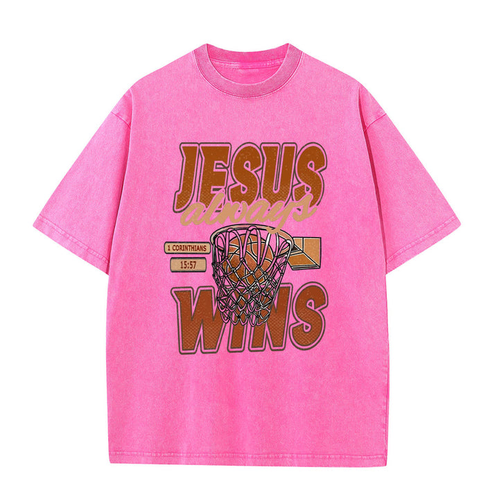 Christianartworkshop Jesus Always Wins Basketball Graphic Unisex Washed T-shirt - Pink - 5XL - image 4