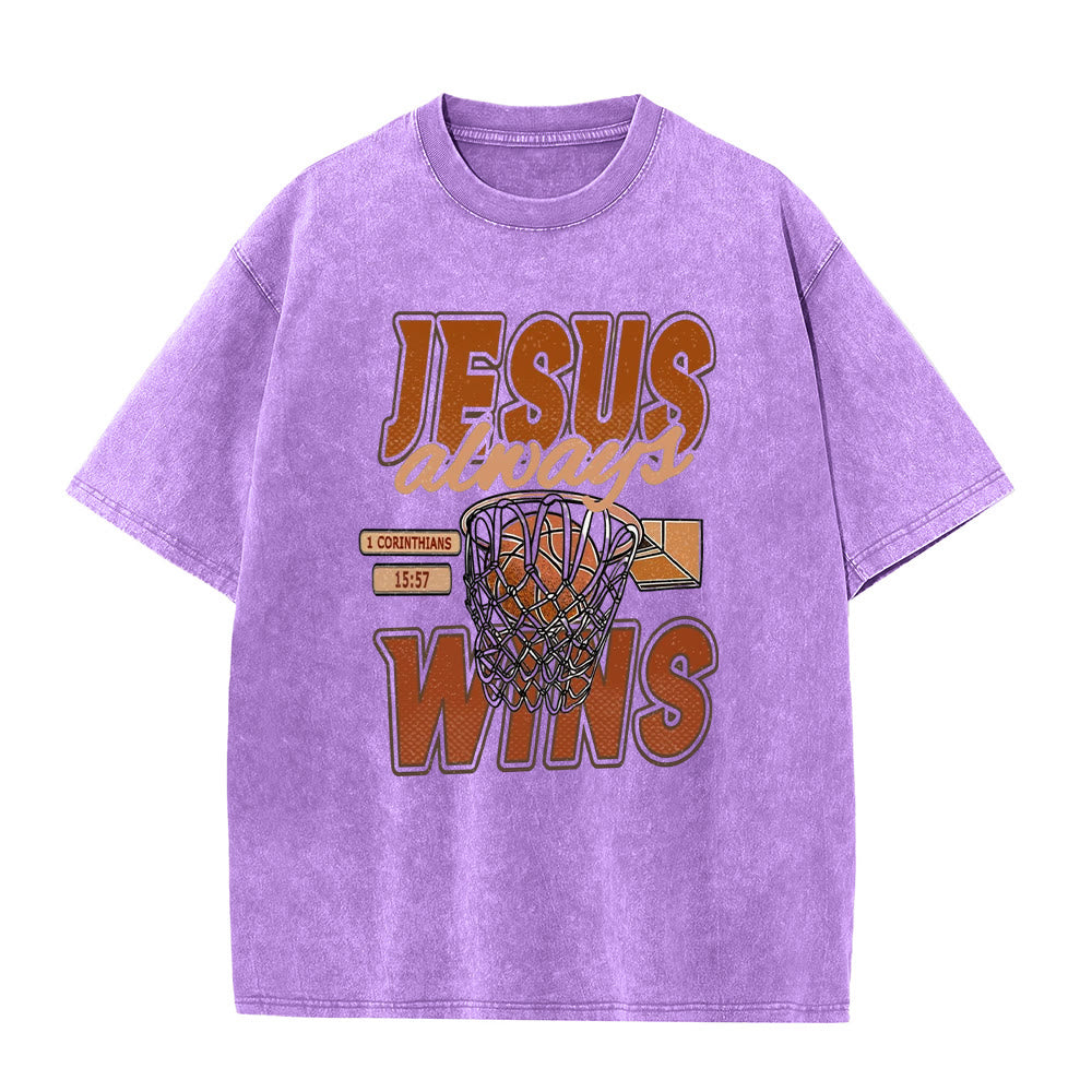 Christianartworkshop Jesus Always Wins Basketball Graphic Unisex Washed T-shirt - Purple - 5XL - image 3