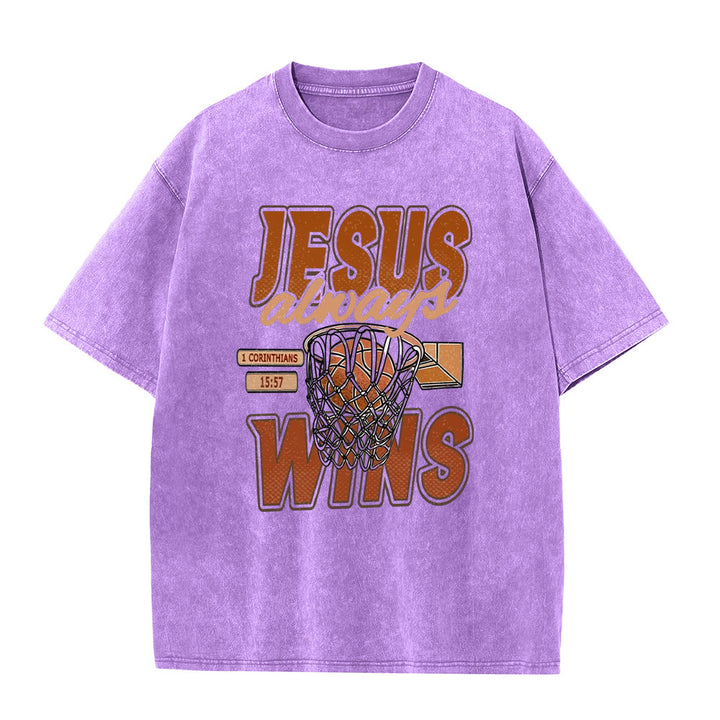 Christianartworkshop Jesus Always Wins Basketball Graphic Unisex Washed T-shirt - Purple - 5XL - image 3