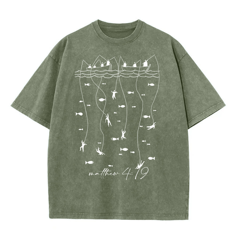 Christianartworkshop Biblical Fishing Narrative Unisex Washed T-shirt - Army Green - 5XL - image 5