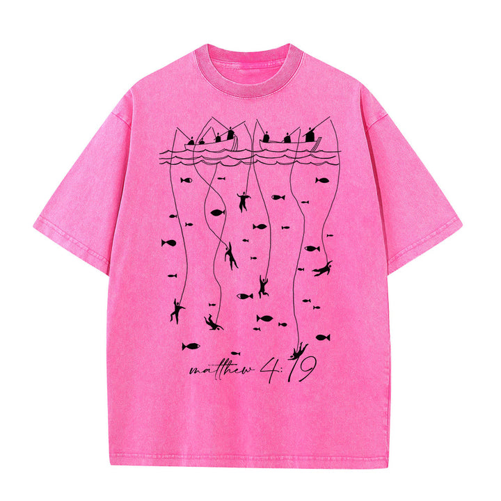 Christianartworkshop Biblical Fishing Narrative Unisex Washed T-shirt - Pink - 5XL - image 8