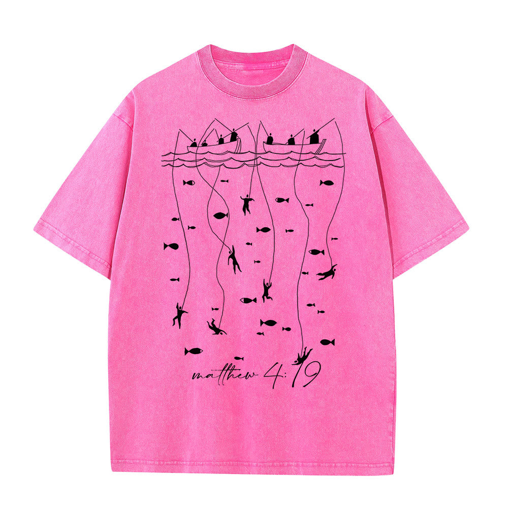 Christianartworkshop Biblical Fishing Narrative Unisex Washed T-shirt - Pink - 5XL - image 7