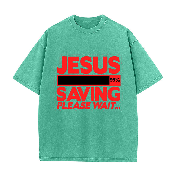 Christianartworkshop Jesus Saving Please Wait Unisex Washed T-shirt - Green - 5XL - image 0