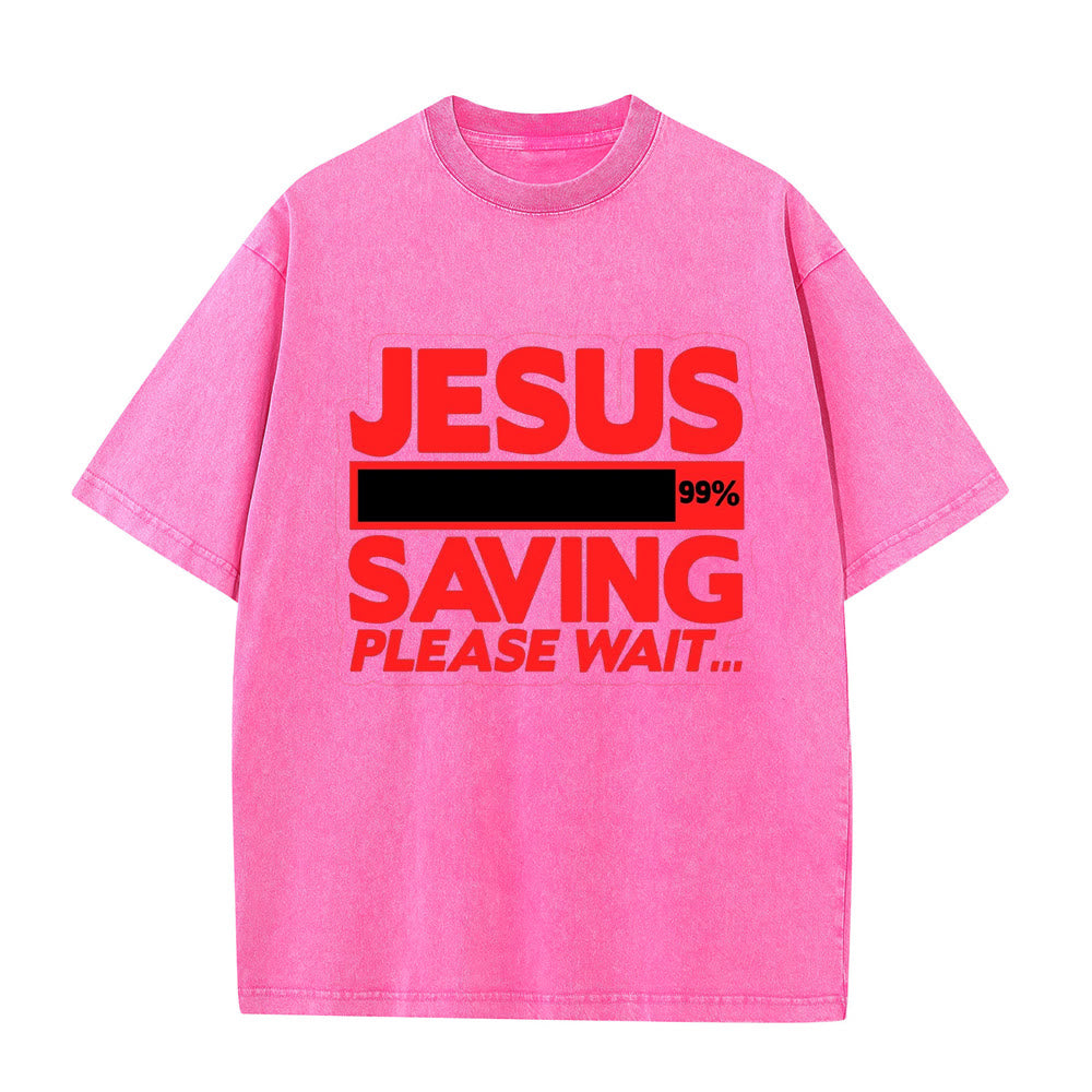 Christianartworkshop Jesus Saving Please Wait Unisex Washed T-shirt - Pink - 5XL - image 1