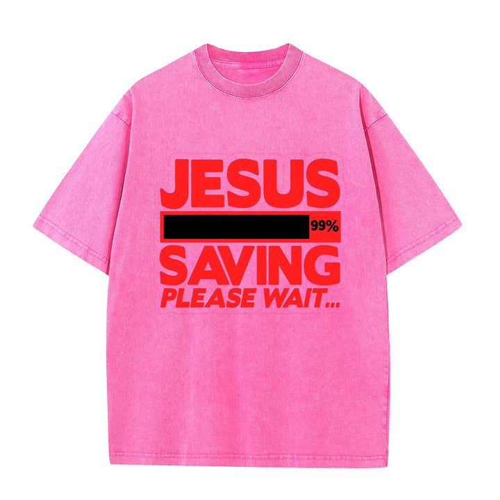 Christianartworkshop Jesus Saving Please Wait Unisex Washed T-shirt - Pink - 5XL - image 1