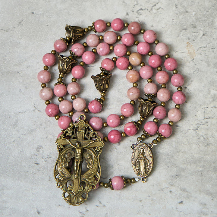 Christianartworkshop Rosewood Pattern & Bronze Tulip Rosary: Steadfast Grace in Prayer - Pink - image 0