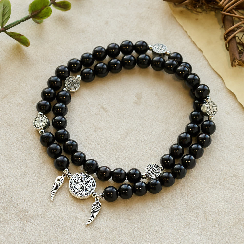 Christianartworkshop St. Benedict & Miraculous Medal Ebony/Blood SandalWood Bead Bracelet: His Protection Daily - Black - image 0