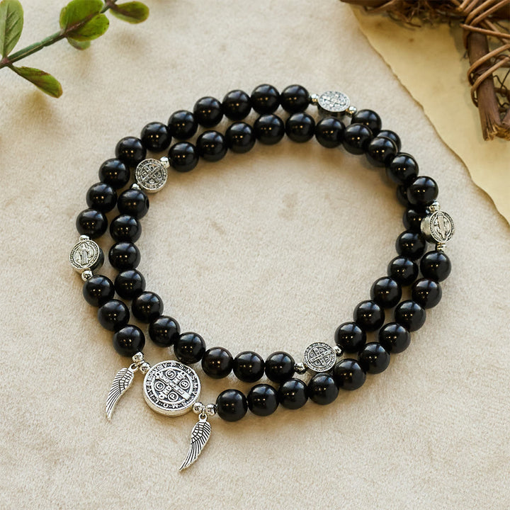 Christianartworkshop St. Benedict & Miraculous Medal Ebony/Blood SandalWood Bead Bracelet: His Protection Daily - Black - image 0