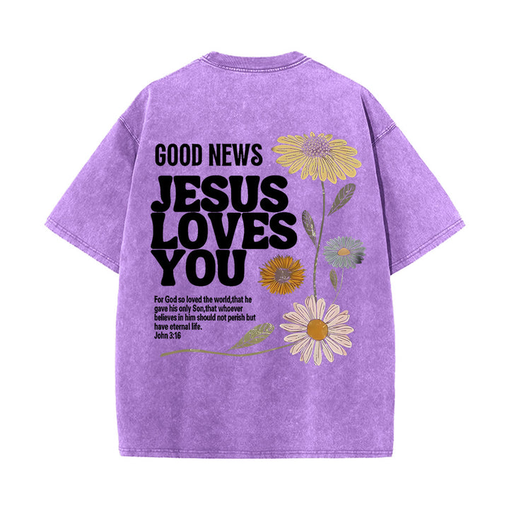 Christianartworkshop Good News Jesus Loves You Unisex Washed T-shirt - Purple - 5XL - image 0