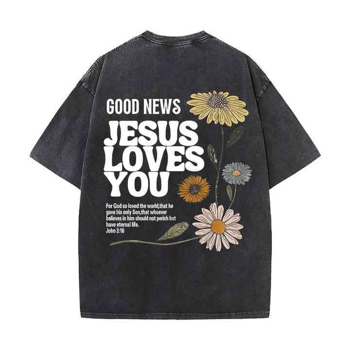 Christianartworkshop Good News Jesus Loves You Unisex Washed T-shirt - Black - 5XL - image 2
