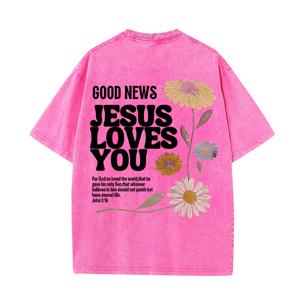 Christianartworkshop Good News Jesus Loves You Unisex Washed T-shirt - Pink - 5XL - image 6