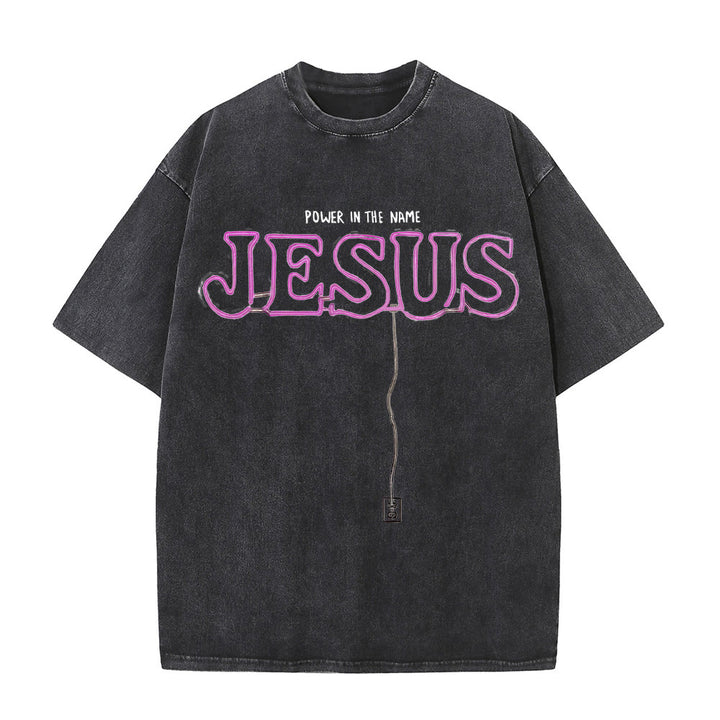 Christianartworkshop Power in the Name Jesus Unisex Washed T-shirt - Black - 5XL - image 0