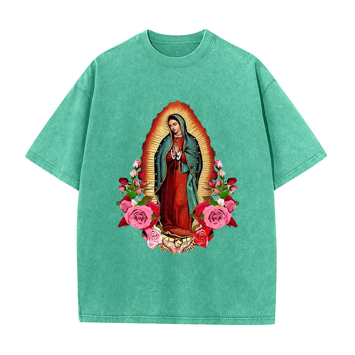 Christianartworkshop Vintage Our Lady of Guadalupe Floral Faith Unisex Washed T-Shirt - Green - 5XL - image 8