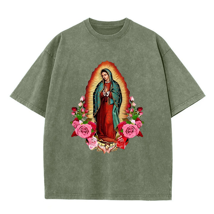 Christianartworkshop Vintage Our Lady of Guadalupe Floral Faith Unisex Washed T-Shirt - Army Green - 5XL - image 5
