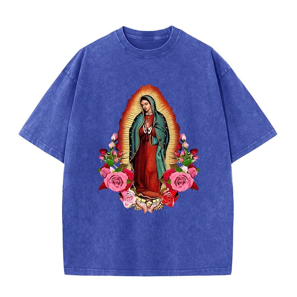 Christianartworkshop Vintage Our Lady of Guadalupe Floral Faith Unisex Washed T-Shirt - Blue - 5XL - image 6