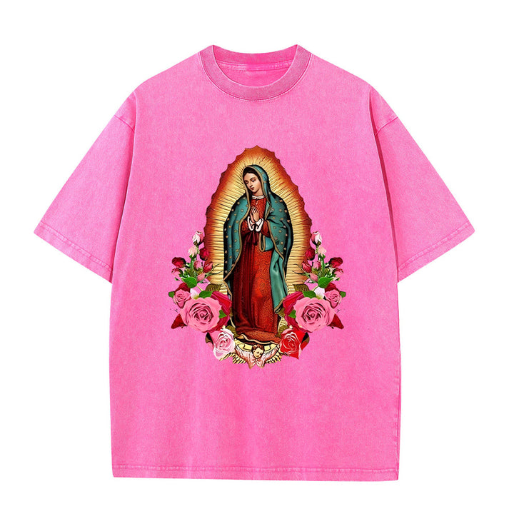 Christianartworkshop Vintage Our Lady of Guadalupe Floral Faith Unisex Washed T-Shirt - Pink - 5XL - image 3