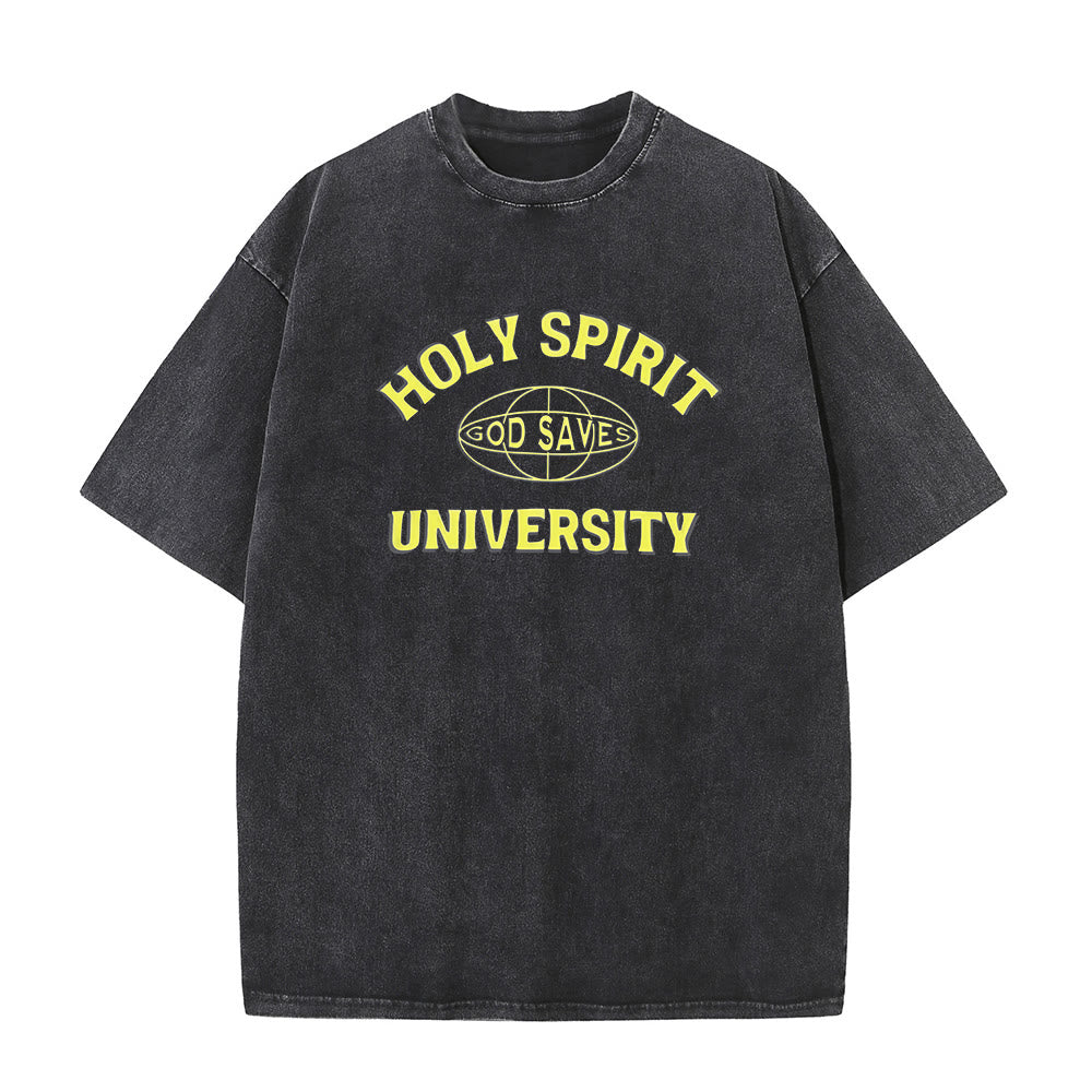 Christianartworkshop Holy Spirit University God Saves Unisex Washed T - Shirt - Black - 5XL - image 0