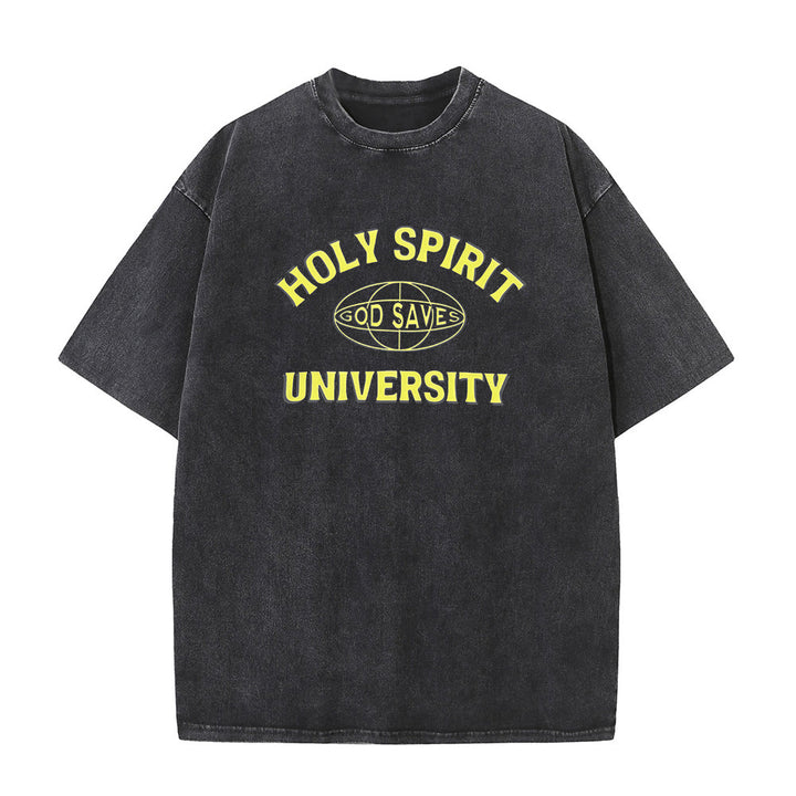 Christianartworkshop Holy Spirit University God Saves Unisex Washed T - Shirt - Black - 5XL - image 0