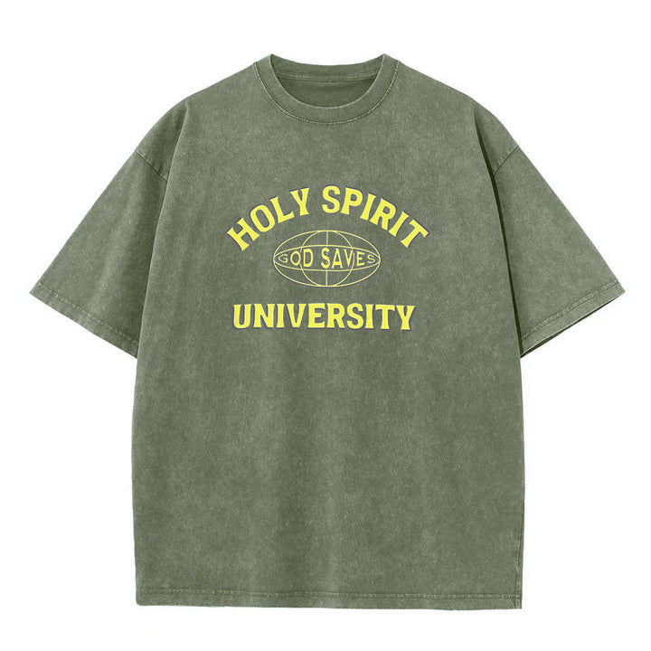Christianartworkshop Holy Spirit University God Saves Unisex Washed T - Shirt - Army Green - 5XL - image 2