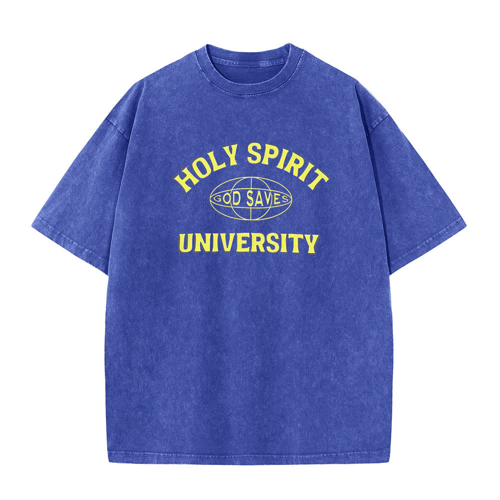 Christianartworkshop Holy Spirit University God Saves Unisex Washed T - Shirt - Blue - 5XL - image 5