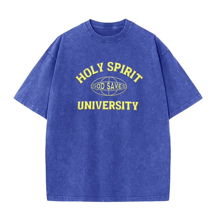 Christianartworkshop Holy Spirit University God Saves Unisex Washed T - Shirt - Blue - 5XL - image 5