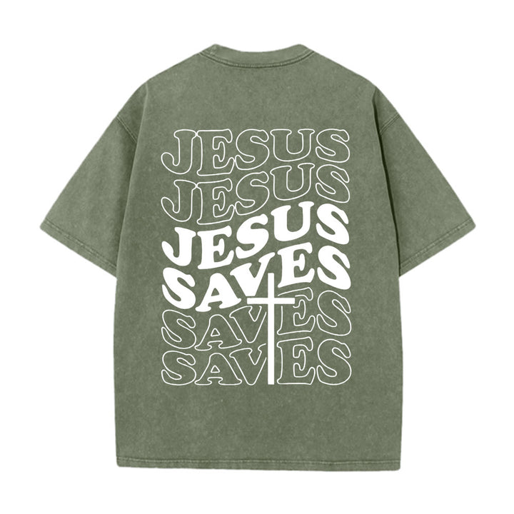 Christianartworkshop Jesus Saves Cross Graphic Unisex Washed T - Shirt - Army Green - 5XL - image 3